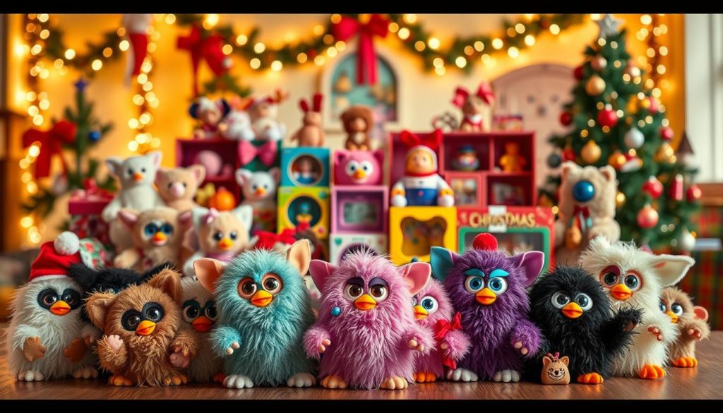 A festive tableau of holiday-themed collectible toys set against a warm, cozy backdrop. In the foreground, a cluster of nostalgic Furby creatures in various poses and colors, their fur-covered bodies and large eyes exuding a charming, whimsical presence. In the middle ground, an assortment of other classic toys from the 90s and early 2000s, such as Beanie Babies, Tamagotchis, and Polly Pocket sets, arranged in a playful, curated display. The background features a softly lit, bokeh-enhanced environment, with twinkling fairy lights, garlands, and a hint of a decorated Christmas tree, creating a cozy, intimate atmosphere evocative of cherished childhood memories.