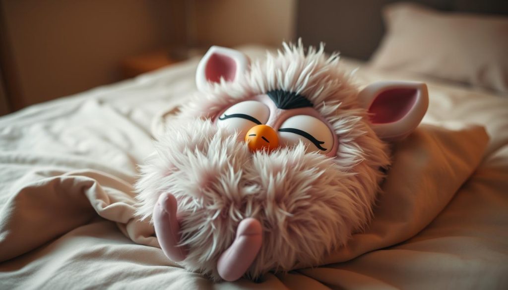 A furby doll resting peacefully in "sleep mode", its large round eyes closed softly, the plush fur coat rising and falling gently with each calm breath. The furby is placed on a cozy, neutral-toned bedspread, the lighting warm and soothing, creating a serene, drowsy atmosphere. The camera angle is slightly elevated, capturing the furby from an overhead perspective, emphasizing its relaxed, vulnerable state. The background is blurred, with just a hint of a simple, uncluttered interior visible, allowing the sleeping furby to be the sole focus of the image.