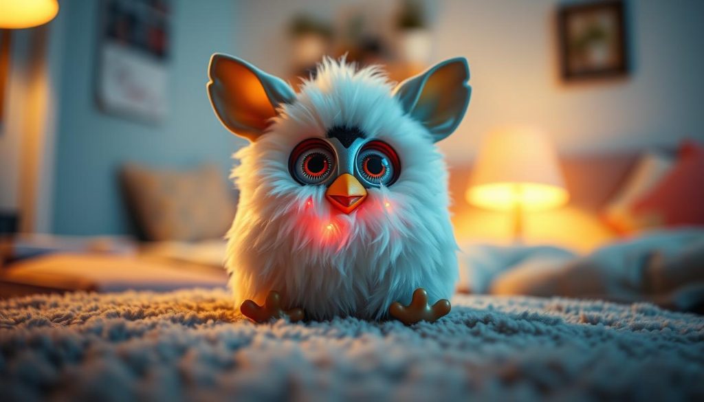 A furby emoto-tronic in a warm, soft-lit environment. The furby sits on a plush, textured surface, its large, expressive eyes and detailed fur coat catching the gentle lighting. The background is a cozy, blurred domestic setting, hinting at the furby's place in a home. The camera angle is slightly elevated, giving a friendly, welcoming perspective. The furby's mechanical inner workings are subtly visible, suggesting its technological nature. An atmospheric, nostalgic mood pervades the scene, capturing the unique appeal of the iconic 2005 Furby toy.