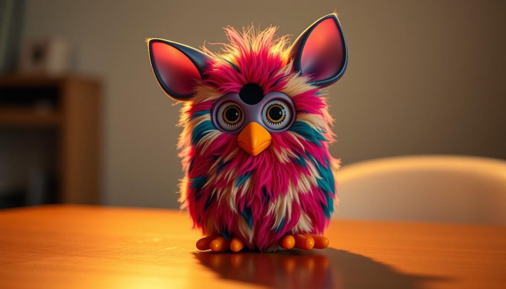 A furby sitting on a table, its colorful fur catching the warm glow of a soft lighting setup. The furby's large, expressive eyes are focused, and its beak-like mouth is slightly open, conveying a sense of interactivity and responsiveness. The furby's movable ears and limbs are positioned in a dynamic, engaging pose, hinting at the interactive features that allow it to come alive. The table surface reflects the furby's form, creating a sense of depth and dimension. The background is slightly blurred, keeping the furby as the central focus of the scene.