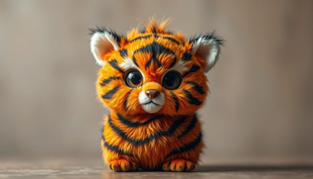 A furry, feline creature with vibrant orange and black stripes stands proudly, its large expressive eyes gazing intensely. The creature's rounded, plush body is adorned with intricate textural details, giving it a tactile, almost tangible quality. Soft, fuzzy fur covers its form, creating a warm, inviting appearance. Delicate, pointed ears perk up, conveying a sense of alertness and curiosity. The lighting is soft and diffused, highlighting the creature's captivating features and creating a sense of depth and dimension. The background is a muted, neutral palette, allowing the striking design of the furby tiger to take center stage.