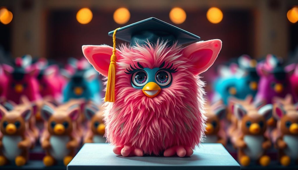 A graduation-themed Furby sitting on a podium, adorned with a mortar board cap and tassel. The Furby's vibrant fur glistens under warm, soft lighting, giving it an endearing, celebratory aura. In the background, blurred but visible, are rows of plush Furby figurines, representing the Furby's peers and family members, all gathered to commemorate this important milestone. The scene is captured with a shallow depth of field, drawing the viewer's attention to the central Furby graduate. The overall composition conveys a sense of pride, accomplishment, and the special significance of a Furby's graduation.