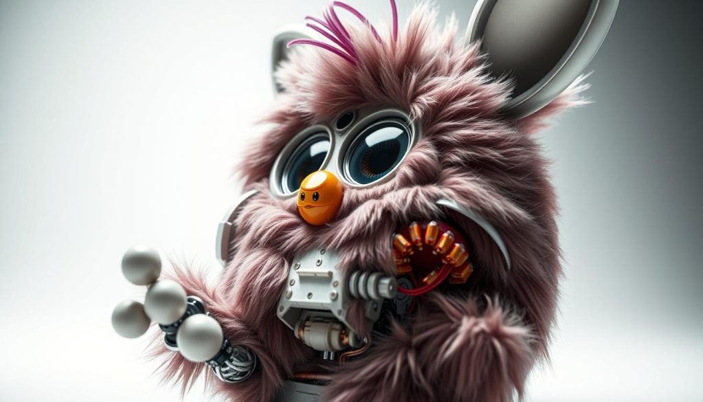A highly detailed and technical close-up view of the inner workings and components of a Furby 2012 plush toy, captured in a clean, well-lit studio environment. The image should showcase the intricate mechanisms, circuitry, and moving parts that bring the Furby to life, with a focus on precise engineering and design. Render the robotic innards with a sense of precision and complexity, using a neutral color palette and a shallow depth of field to emphasize the technical nature of the subject. Capture the Furby from multiple angles to provide a comprehensive understanding of its innovative and advanced design.