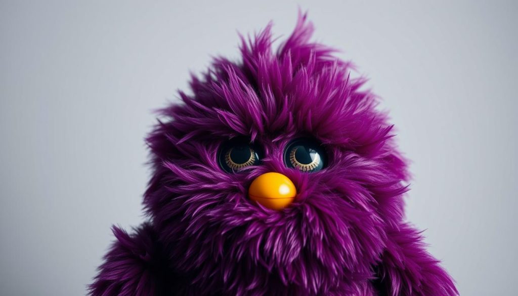 A highly detailed, hyper-realistic close-up photograph of a rare and elusive Furby2012 model in a deep, rich shade of purple. The plush toy is presented against a plain, softly-lit background that allows its unique coloration to take center stage. The lighting is subtle and natural, accentuating the fine, velvety texture of the Furby's fur and the subtle sheen of its plastic features. Every minute detail is captured with exceptional clarity, from the intricate patterns of its eyes to the precise contours of its rounded body. The overall effect is one of reverence and exclusivity, befitting the rare and coveted nature of this particular Furby variant.