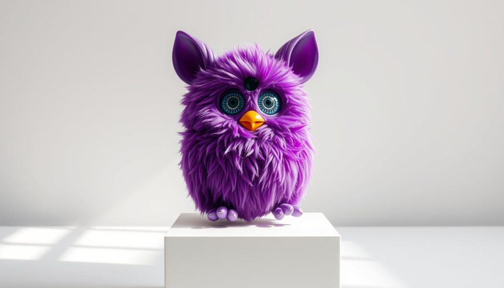 A highly detailed, meticulously crafted Furby figurine in a rich, vibrant shade of purple, captured in a pristine, museum-like setting. The Furby sits atop a sleek, minimalist pedestal, its oversized eyes and plush, velvety fur exuding an air of whimsical collectibility. Soft, natural lighting illuminates the Furby's contours, highlighting the intricate textures and the iridescent sheen of its unique color. The background is a clean, neutral palette, allowing the Furby to take center stage as the undisputed star of this limited-edition collector's dream.