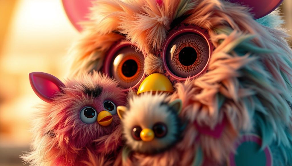 A highly detailed, photorealistic close-up image of a 2023 Furby and its smaller Furby Furblet companion, with a warm, inviting lighting that highlights their soft, plush textures and vibrant colors. The Furby's eyes are wide and expressive, conveying a sense of wonder and curiosity, while the Furblet nestles close by, its miniature form exuding a playful, endearing presence. The scene is set against a slightly blurred, softly-lit background, drawing the viewer's attention to the main subjects and their delightful interaction.