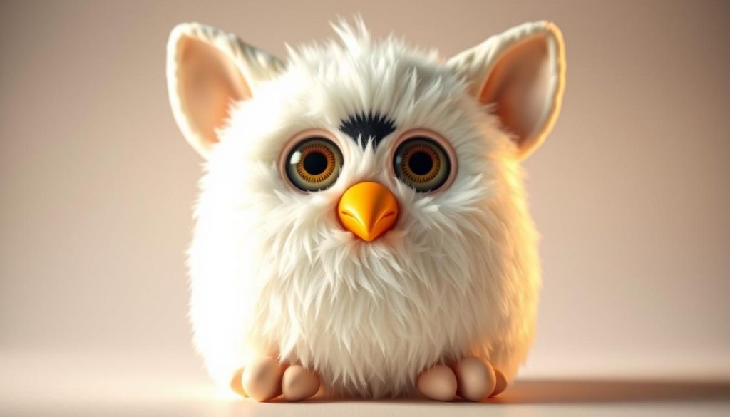 A highly detailed, photorealistic image of the 1998 white Furby toy, showcasing its unique design and features. The Furby is positioned in the center of the frame, with a soft, warm lighting illuminating its fuzzy, plush exterior. The camera angle captures the Furby's expressive eyes, large ears, and distinctive beak-like mouth, highlighting the intricate details that made the original Furby design so iconic. The background is a clean, neutral setting, allowing the Furby to be the primary focus. The image conveys a sense of nostalgia and the classic aesthetic of the 1990s toy craze.