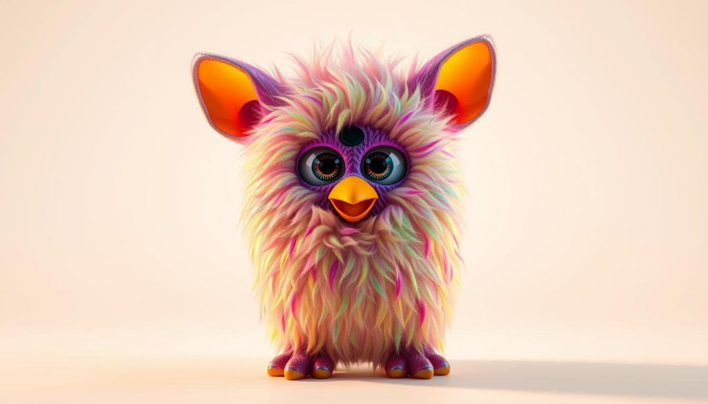 A limited edition Furby figure, meticulously crafted with intricate textures and details. The furry creature stands proudly, its vibrant, iridescent fur shimmering under warm, focused lighting. The Furby's expressive eyes and whimsical features convey a sense of joy and anticipation, as if it's celebrating a special milestone. The background is a clean, minimal studio setting, allowing the Furby to be the central focus, a rare and highly coveted collectible item. The overall atmosphere is one of reverence and admiration for this unique and cherished Furby variant.