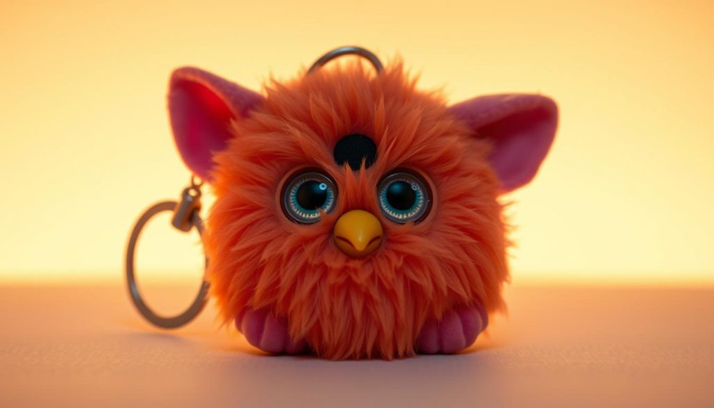 A meticulously crafted Furby keychain rests in the foreground, its plush, vibrant fur and large expressive eyes capturing the whimsical charm of the iconic 90s toy. The keychain is illuminated by soft, warm lighting that accentuates its textural details, creating a cozy, inviting atmosphere. In the middle ground, the keychain is set against a plain, neutral background, allowing the character to take center stage. The composition is balanced and clean, ensuring the Furby's unique features, such as its distinctive triangular nose and rounded ears, are the focal point. This captivating Furby keychain embodies the nostalgic appeal and collectible nature of these beloved, quirky accessories.