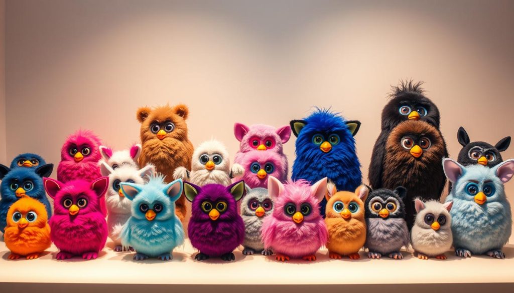 A meticulously crafted progression showcasing the evolution of the iconic Furby, from its initial 1998 debut to its modern interpretations. An array of Furbies in various sizes, shapes, and color schemes - from the original plush design to sleek, high-tech iterations - depicted in a harmonious, museum-like display. Soft, warm lighting illuminates the Furbies, highlighting their unique features and textures, as if they are artifacts on display. The scene is set against a clean, minimalist backdrop, allowing the Furbies to take center stage and emphasize their transformation over the years, from a beloved 90s toy to a timeless cultural icon.