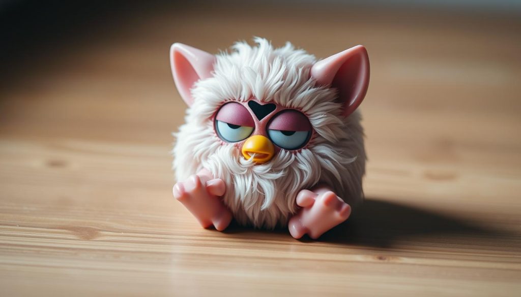 A mini Furby figurine resting on a wooden surface, its eyes dimmed and buttons pressed, indicating a troubleshooting or power-off state. The Furby is positioned in the center of the frame, with a neutral, slightly muted color palette creating a calm and focused atmosphere. Soft, directional lighting from the left side casts subtle shadows, emphasizing the Furby's form and details. The background is blurred, allowing the Furby to be the central focus of the image.