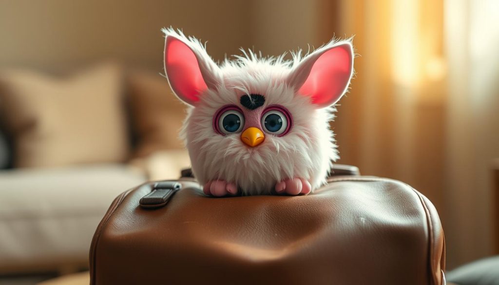 A nostalgic Furby sits atop a worn, leather backpack, its iconic big eyes and plush, pastel fur evoking a sense of childhood wonder. Soft, warm lighting casts a gentle glow, creating an inviting and comforting atmosphere. The backpack's surface is slightly weathered, with faint scratches and a patina that suggests years of use and cherished memories. In the background, a blurred, cozy room with muted, earthy tones serves as a backdrop, emphasizing the Furby's central role and the intimate, personal nature of the scene. The overall composition conveys a sense of nostalgia, comfort, and the enduring appeal of this beloved toy.