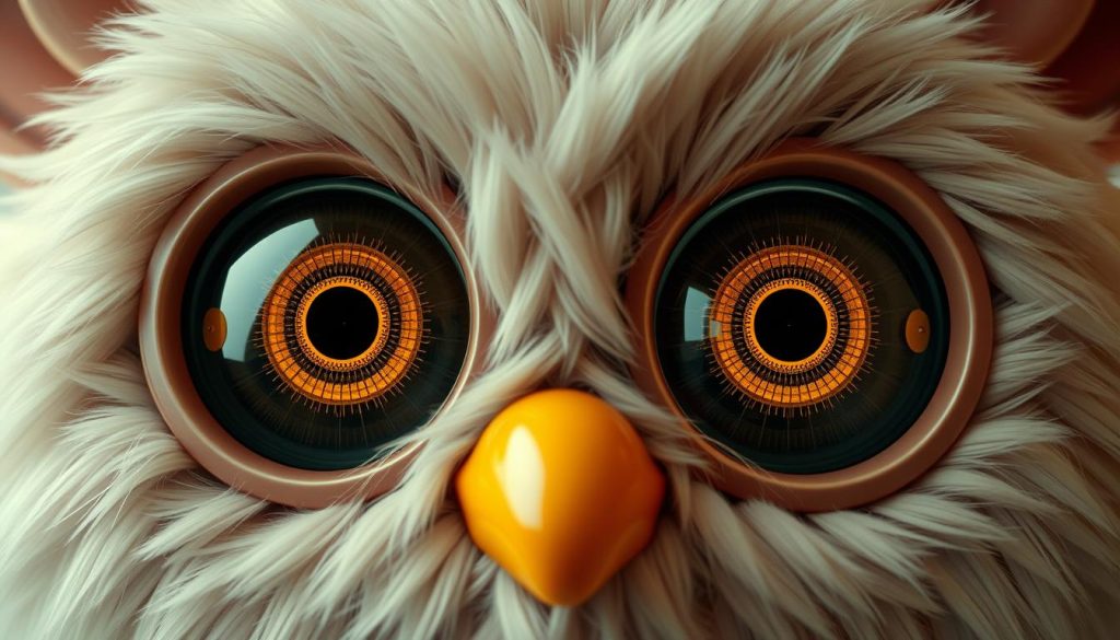 A pair of large, expressive Furby eyes with highly detailed, emotive animatronic mechanisms. The eyes are rendered in high-resolution, capturing every subtle nuance of movement and internal mechanics. The lighting is soft and diffused, creating a sense of depth and dimension. The eyes are the focal point, surrounded by a slightly blurred, muted background to draw the viewer's attention. The overall mood is one of fascination and wonder, highlighting the technical sophistication and lifelike qualities of the Furby's iconic features.