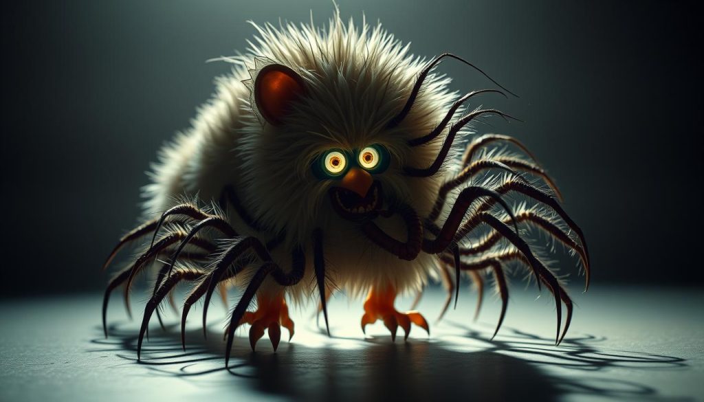 A peculiar creature emerges, a hybrid of the beloved Furby and the unsettling centipede. Its furry body undulates with dozens of segmented legs, each tipped with sharp claws. Glowing eyes peer out from beneath the tufted fur, conveying a sense of otherworldly intelligence. The Furby Centipede stands poised, its many limbs coiled and ready to strike. The scene is illuminated by a soft, ambient light, casting dramatic shadows that accentuate the creature's intricate details. The overall impression is one of both fascination and unease, a testament to the mysterious nature of this rare and captivating entity.
