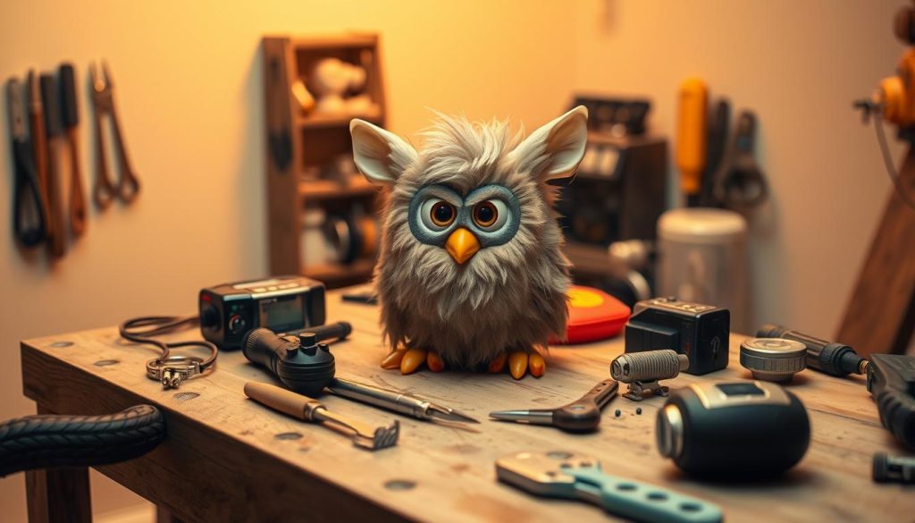 A perplexed Furby sitting on a wooden workbench, surrounded by an assortment of tools and gadgets. The Furby's expression conveys a mix of confusion and frustration as it attempts to troubleshoot its own malfunctioning mechanism. Soft, warm lighting illuminates the scene, casting gentle shadows that add depth and texture. The background is a minimalist, neutral-toned workshop setting, allowing the Furby and the tools to take center stage. The camera angle is slightly elevated, providing an almost bird's-eye view of the Furby's dilemma, inviting the viewer to observe and empathize with the iconic creature's troubleshooting endeavor.