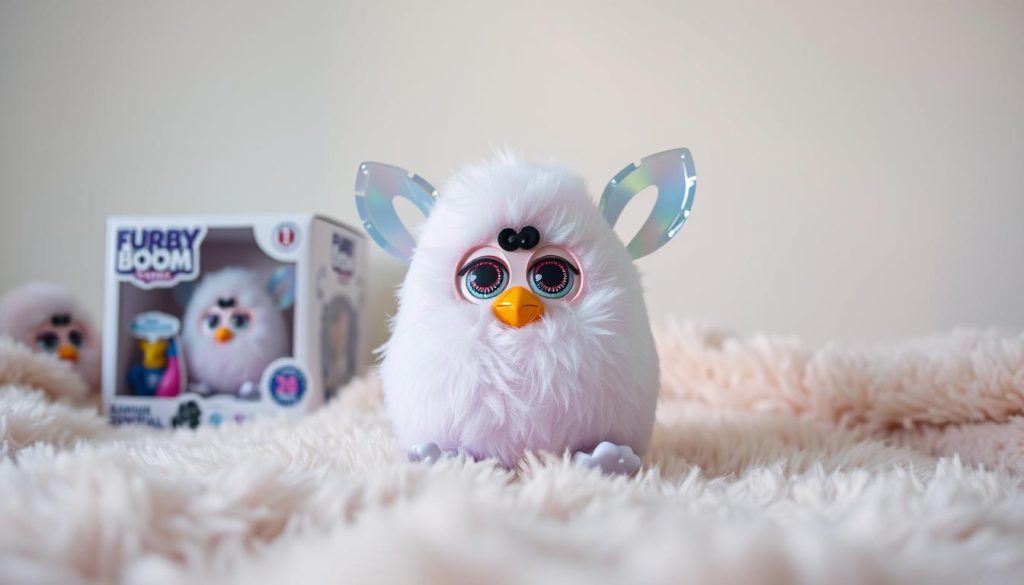 A pristine Furby Boom Crystal sits atop a soft, plush surface, its iridescent shell shimmering under soft, diffused lighting. The foreground captures the toy's intricate details - its button eyes, furred body, and captivating facial expressions, conveying a sense of whimsical wonder. The middle ground features the Furby's packaging, a translucent box that showcases the toy's features. In the background, a muted, pastel-hued setting creates a serene, almost dreamlike atmosphere, allowing the Furby to take center stage. The overall composition exudes a sense of excitement and anticipation, inviting the viewer to unbox and interact with this enchanting creature.