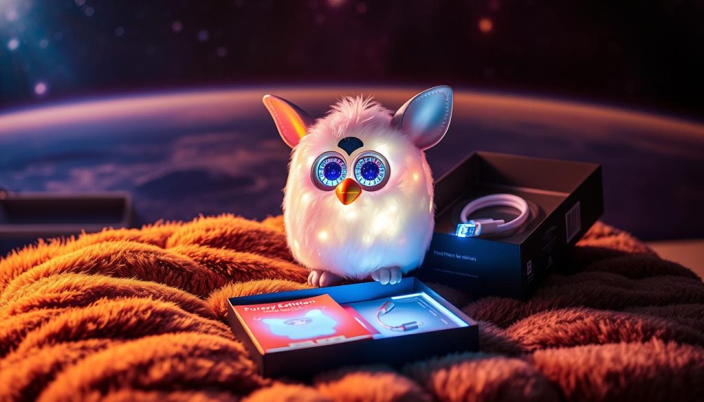 A pristine Furby Galaxy Edition sits atop a plush, starry-patterned cushion, its iridescent shell glistening under warm, directional lighting. The foreground showcases the mesmerizing unboxing experience, with the translucent shell revealing a captivating inner glow. In the middle ground, a partially open box displays the Furby's accessories, including a holographic instruction manual and a shimmering charging cable. The background depicts a vast, cosmic landscape, hinting at the boundless possibilities of this extraordinary interactive companion. The scene conveys a sense of wonder, inviting the viewer to immerse themselves in the Furby Galaxy Edition's enchanting universe.