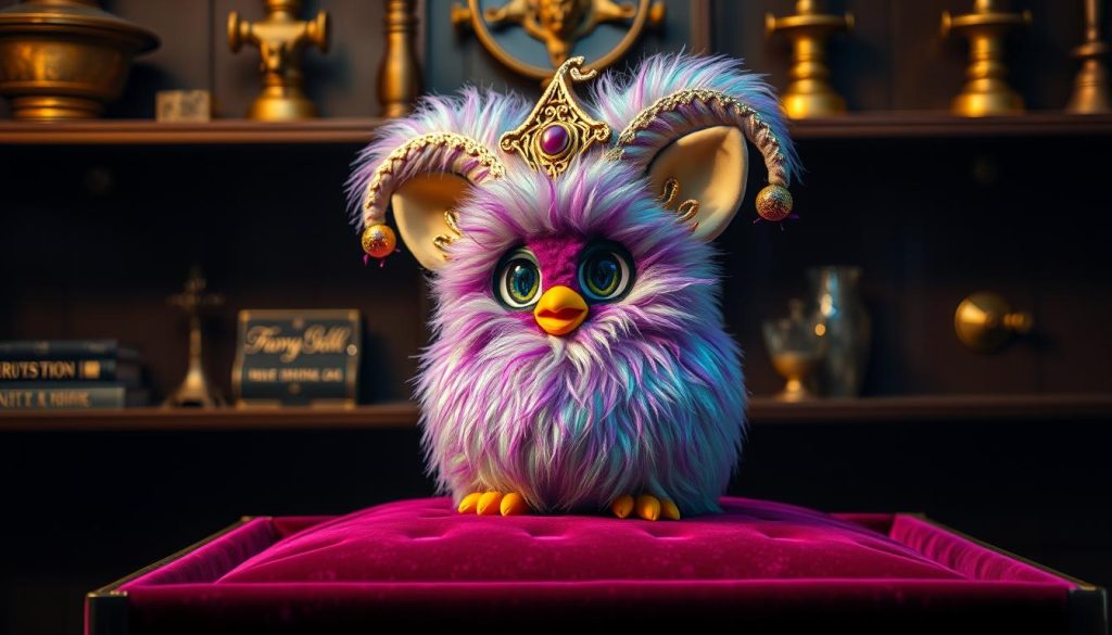 A rare and exquisite Furby Jester, its plush fur shimmering with iridescent hues, sits atop a velvet-lined display case. Ornate golden accents adorn its whimsical features, evoking a sense of regal elegance. The lighting casts a warm, theatrical glow, highlighting the Jester's intricate details and adding depth to the composition. In the background, a dimly lit, vintage-inspired setting with mahogany shelves and tarnished brass fixtures sets the stage for this exceptional collectible. The Furby Jester exudes a sense of exclusivity and timeless charm, capturing the essence of the article's subject and the collectible appeal of this unique breed.