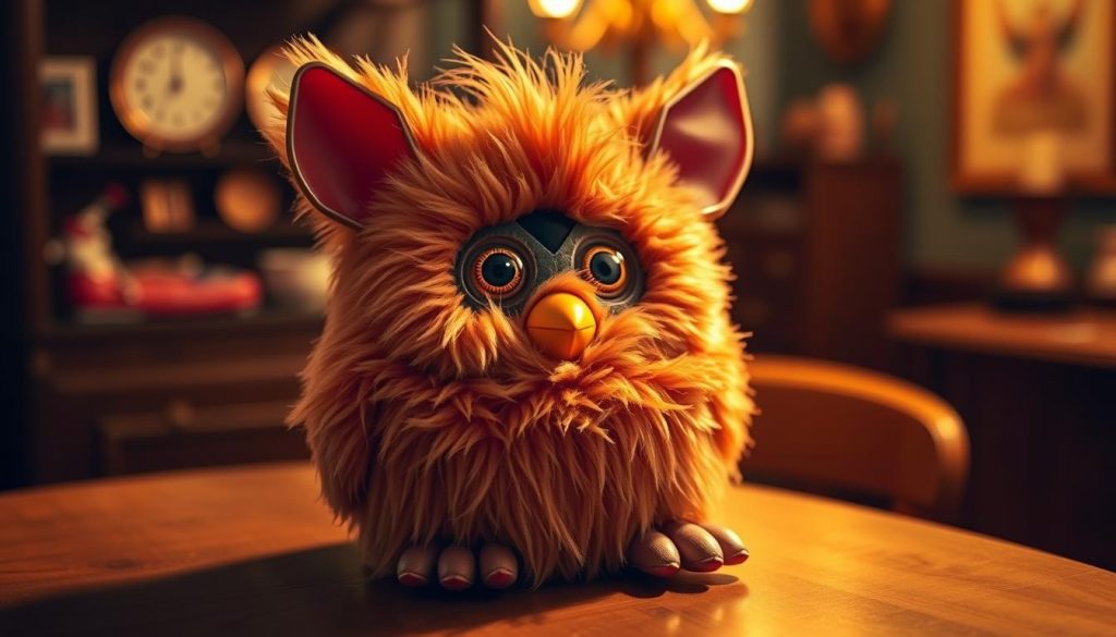 A retro 1998 Furby sitting on a wooden table, bathed in warm, golden lighting that highlights its plush, velvety texture. The Furby's eyes are wide and expressive, exuding a sense of curious innocence. The background is blurred, putting the iconic robotic toy in sharp focus, as if it's the centerpiece of a museum display. The scene conveys a nostalgic, almost whimsical atmosphere, capturing the revolutionary spirit of this groundbreaking toy that captured the hearts of a generation.