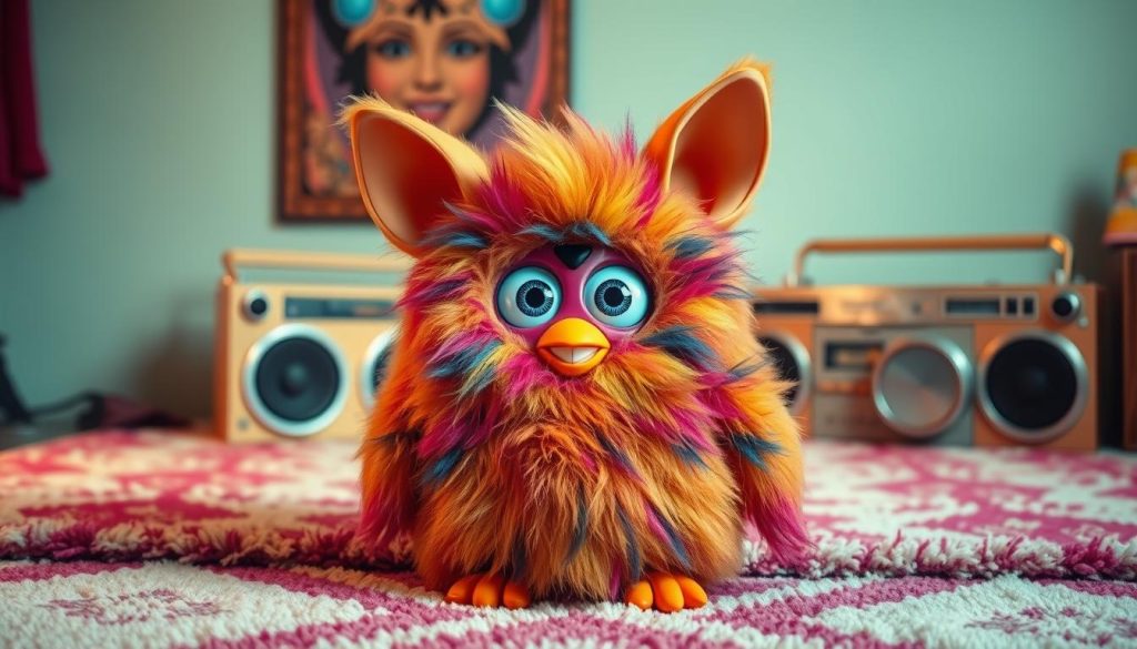 A retro-inspired Furby costume set against a nostalgic 90s backdrop. The plush, fuzzy Furby figure takes center stage, its iconic wide-eyed expression and vibrant colors capturing the whimsical charm of the beloved 90s toy. In the middle ground, a patterned shag rug and a classic boombox add authenticity to the 90s aesthetic. The softly lit, muted color palette evokes a cozy, playful ambiance, inviting the viewer to step back in time and embrace the childlike wonder of the Furby craze.