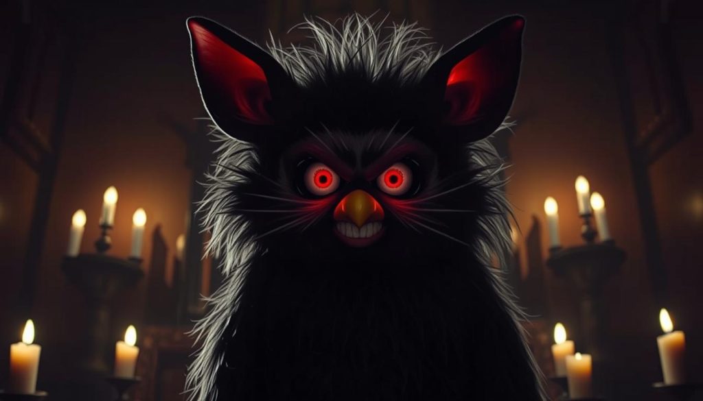 A sinister, glowing-eyed Furby towering ominously in the foreground, its once-innocent features now twisted into a malevolent sneer. Behind it, a dimly lit room with ominous shadows cast by flickering candlelight, creating an unsettling, occult-like atmosphere. The Furby's fur appears matted and unkempt, adding to its unsettling, almost demonic appearance. Subtle highlights and shadows accentuate the Furby's unnatural, almost supernatural qualities, as if it were possessed by a dark, malevolent force. The entire scene conveys a sense of unease and foreboding, hinting at the Furby's true, sinister nature.