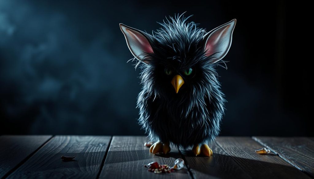 A sinister-looking Furby perched on a dark, foreboding wooden table, its eyes glowing with an unsettling intensity. The toy's fur is matted and unkempt, giving it a haunted, demonic appearance. The background is shrouded in deep shadows, creating an eerie, oppressive atmosphere. Dramatic lighting casts harsh shadows, accentuating the creature's unsettling features. The scene conveys a sense of unease and the possibility of malevolent intent lurking beneath the surface of this supposedly innocent toy.
