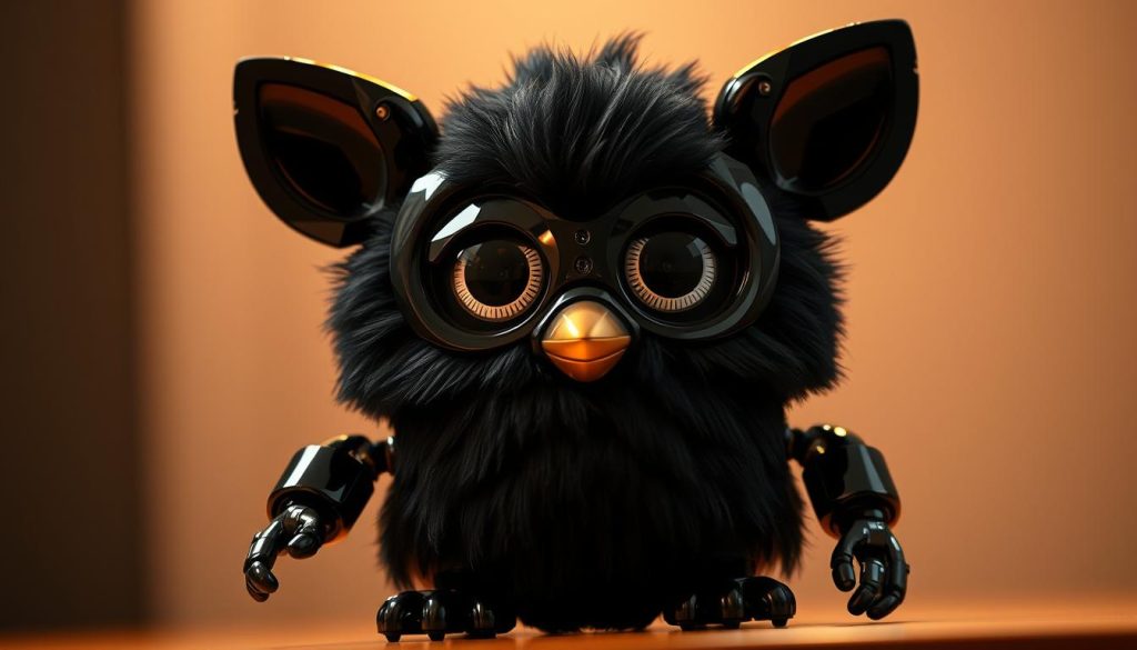 A sleek and modernistic Furby robot, its black body reflecting the gleam of technical components beneath a glossy exterior. Precise engineering is evident in the detailed articulation of its limbs and expressive features. The Furby's large, attentive eyes survey its surroundings, capturing the essence of interactive, responsive technology. Bathed in a warm, ambient light that accentuates the sophisticated design, the Furby appears poised and ready to engage with its user, showcasing the advanced capabilities of this iconic 1998 electronic toy.