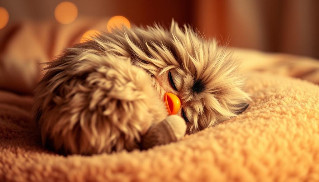 A sleeping Furby curled up on a soft, plush surface, its eyes gently closed and its fur appearing soft and cozy. The lighting is warm and subtle, creating a calming, intimate atmosphere. The Furby is positioned in the center of the frame, with a blurred, dreamy background that suggests a tranquil, peaceful setting. The overall impression is one of rest and relaxation, capturing the essence of a Furby in its "sleep mode."