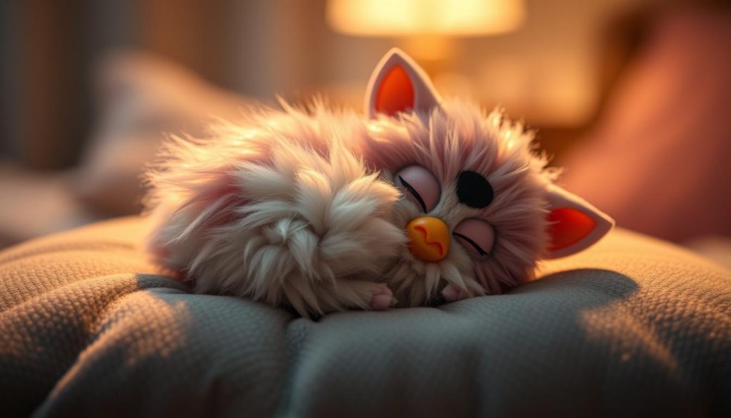 A sleeping mini Furby, its furry body curled up on a soft gray cushion, its eyes gently closed as it rests peacefully. The scene is bathed in a warm, ambient light, creating a cozy, serene atmosphere. The Furby's features are captured in exquisite detail, from its delicate whiskers to its plump, pillowy body. The composition is centered, with the Furby occupying the foreground, creating a sense of focus and tranquility. The background is subtly blurred, allowing the viewer to concentrate on the slumbering Furby, capturing the essence of the "sleep mode" experience.