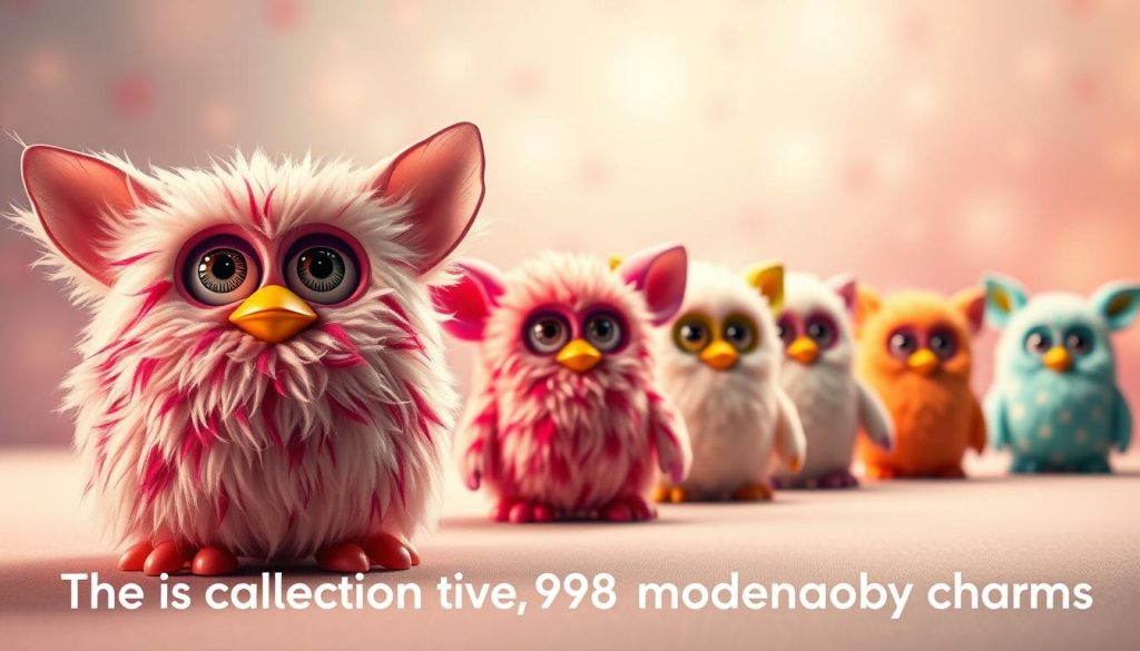 A stunning evolution of the iconic Furby toy, showcasing its transformation from the original 1998 design to the modern-day charms. In the foreground, the classic Furby with its distinctive wide-eyed expression and soft, plush fur texture. In the middle ground, a progression of Furby models, each with subtle yet distinct design changes, reflecting the toy's ever-evolving nature. In the background, a whimsical, pastel-hued backdrop that evokes a sense of nostalgia and playfulness. Soft, diffused lighting illuminates the Furbies, creating a warm and inviting atmosphere. The scene captures the enduring appeal and the adaptability of this beloved toy, making it a perfect illustration for the "The Evolution of Furby: From 1998 to Modern Day Charms" section.