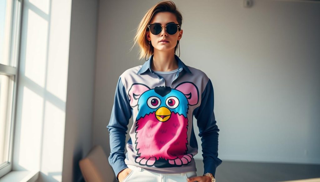A stylish person wearing a colorful Furby-themed shirt, standing in a chic, minimalist setting with natural lighting. The shirt features a vibrant print of the iconic Furby character, capturing its endearing expression and playful essence. The model's pose exudes confidence and fashion-forward flair, showcasing how to seamlessly incorporate the Furby shirt into a stylish, everyday look. The background is clean and uncluttered, allowing the shirt to be the focal point. The overall atmosphere is one of modern, effortless style, highlighting the versatility and appeal of this unique clothing item.