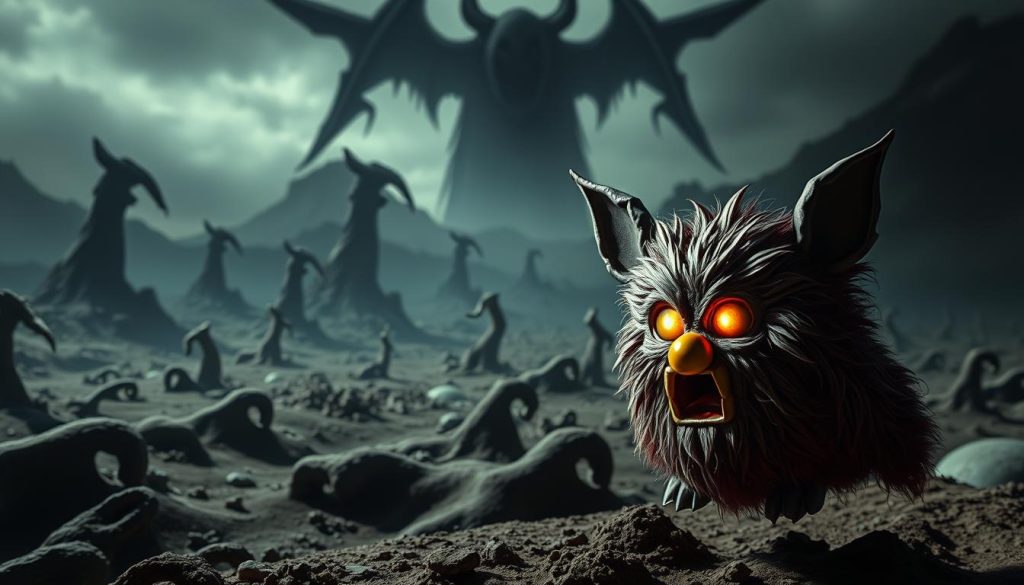 A surreal and unsettling scene of a toy phenomenon with a sinister twist. In the foreground, a Furby-like creature with glowing, demonic eyes and sharp fangs hovers ominously, its synthetic fur appearing matted and unnatural. The middle ground features a distorted, dreamlike landscape of twisted, abstract shapes and forms in muted, unsettling colors. In the distant background, a looming, ominous presence casts an eerie shadow over the entire scene, heightening the uncanny and unsettling atmosphere. The lighting is dramatic, with sharp contrasts and deep shadows, creating a sense of unease and unnatural energy. The overall composition and style evoke a feeling of the uncanny, where the familiar and the unfamiliar collide in a disturbing and uncanny manner.