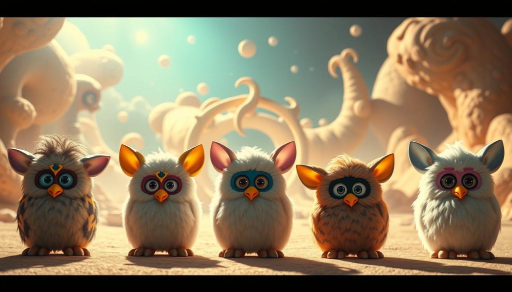 A surreal evolution of the iconic Furby design, showcasing its transformation over the years. In the foreground, a series of Furby models from different eras, each with distinctive features and expressions, captured in a sharply-lit, cinematic composition. The middle ground features a dreamlike swirl of Furby-inspired organic forms, textures, and patterns, hinting at the creature's ever-changing design. The background is a hazy, ethereal landscape, bathed in a warm, nostalgic glow, evoking the enduring legacy and fond memories of this beloved toy. The overall mood is one of whimsical wonder, celebrating the Furby's enduring design evolution.
