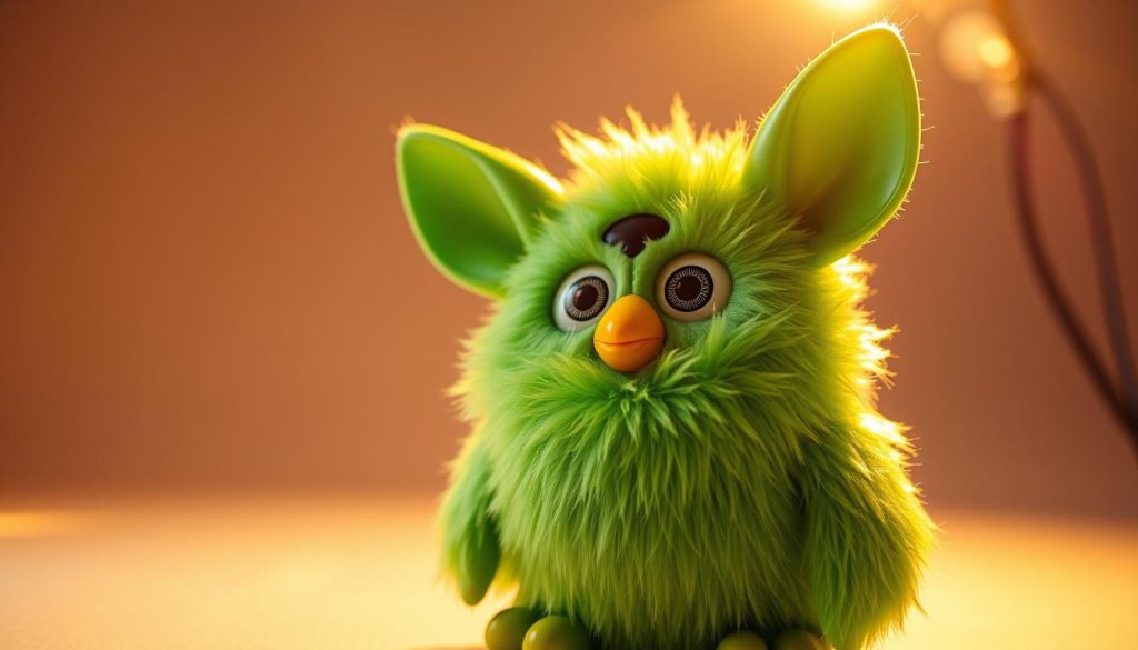 A unique vintage Furby plush toy, its vibrant green fur glimmering under warm studio lighting. The plush figure is in the foreground, shot at a 3/4 angle to highlight its distinctive features - the large, expressive eyes, the distinctive pointed ears, and the whimsical expression. The background is a simple, softly blurred studio setup, allowing the Furby to take center stage. The lighting is natural and flattering, casting gentle shadows that accentuate the textural details of the fur and the plastic components. The overall mood is nostalgic and enchanting, inviting the viewer to consider the special qualities that make this Furby design so iconic and memorable.