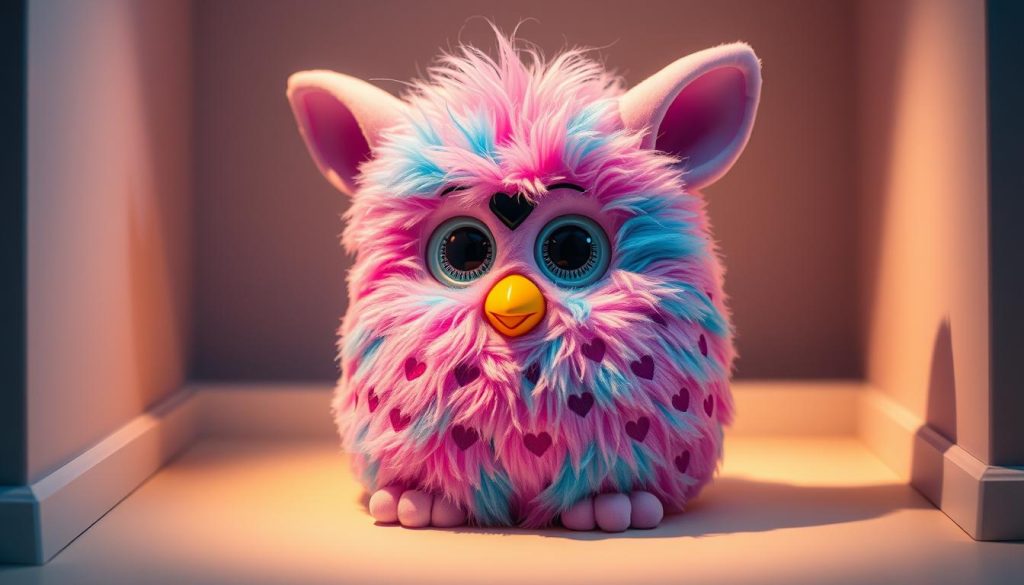 A vibrant Furby Boom model, its soft pink and blue fur accented with delicate hearts. The plush toy sits in a cozy, well-lit setting, its large eyes and expressive features evoking a sense of whimsical charm. Carefully placed lighting casts a warm, inviting glow, highlighting the textural details of the Furby's fur and the intricate heart patterns. The composition places the Furby Boom as the central focus, surrounded by a clean, minimalist background that allows the colorful character to truly stand out. An image that captures the playful, joyful essence of this unique Furby Boom model.