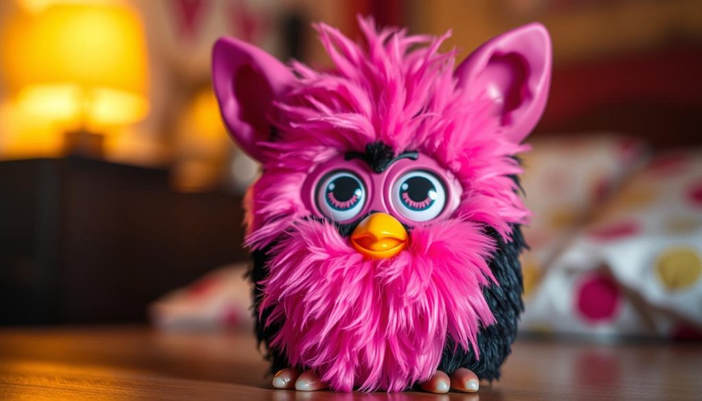 A vibrant and playful Furby figurine, its black and pink fur shimmering under a warm, soft-focus lighting. The Furby's large, expressive eyes and quirky smile exude a sense of whimsical charm, inviting the viewer to engage with its endearing personality. The foreground is in sharp focus, drawing the eye to the intricate details of the Furby's design, while the blurred background suggests a cozy, intimate setting, perhaps a child's bedroom or a cozy living room. The overall mood is one of warmth, playfulness, and a touch of nostalgia, perfectly capturing the essence of the Furby Black and Pink.