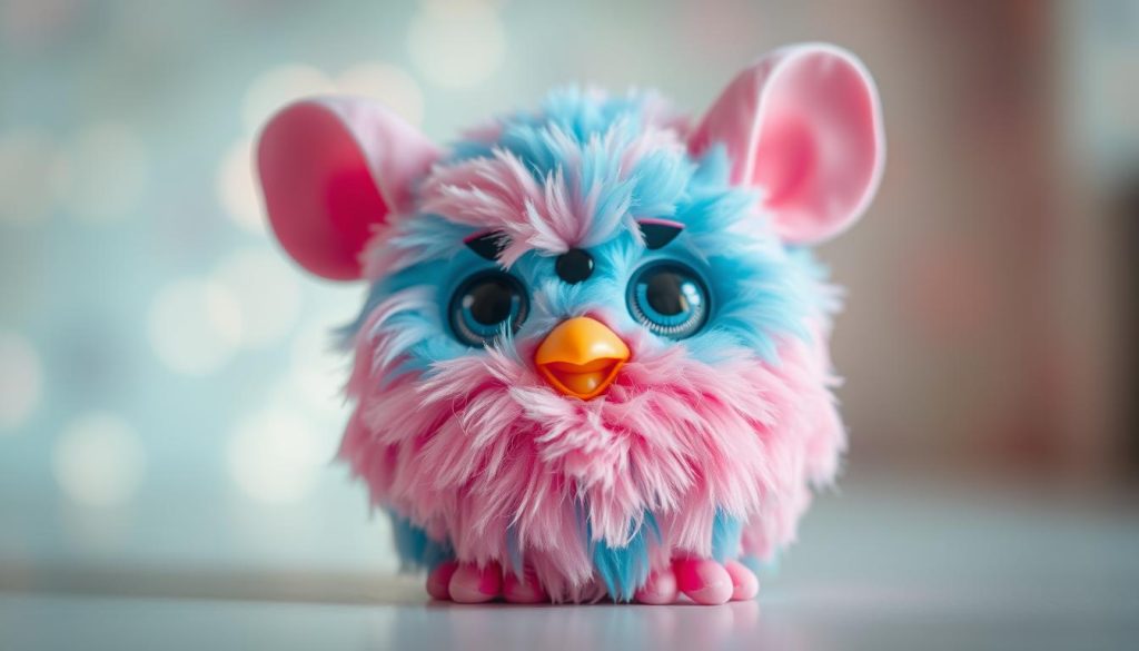 A vibrant and playful Furby in shades of pink and blue, captured in a soft, whimsical lighting. The plush, rounded form of the Furby takes center stage, with its large, expressive eyes and curious expression. The background is a hazy, dreamlike setting, with hints of pastel hues and a sense of tranquility, allowing the Furby to be the star of the scene. The composition is balanced and inviting, drawing the viewer's attention to the joyful and endearing character. The overall mood is one of enchantment and delight, perfectly capturing the spirit of the "Furby Blue and Pink: A Fun and Colorful Companion" article.