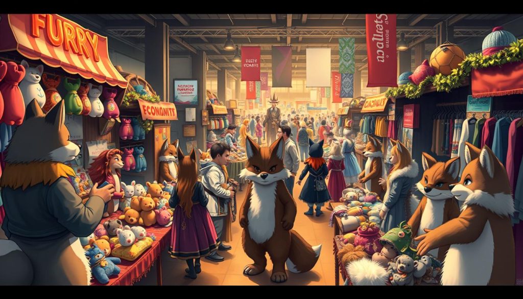 A vibrant and whimsical scene depicting the economics of the furry fandom. In the foreground, a group of anthropomorphic furry characters engage in a bustling marketplace, buying and selling handcrafted furry merchandise, from plush toys to custom-made costumes. The middle ground showcases a diverse array of furry-themed shops and stalls, each with a unique style and flair. In the background, a lively furry convention unfolds, with attendees in elaborate furry costumes mingling and enjoying the festivities. The lighting is warm and inviting, creating a cozy and welcoming atmosphere. The scene is captured with a wide-angle lens to emphasize the scope and scale of the furry economic ecosystem.