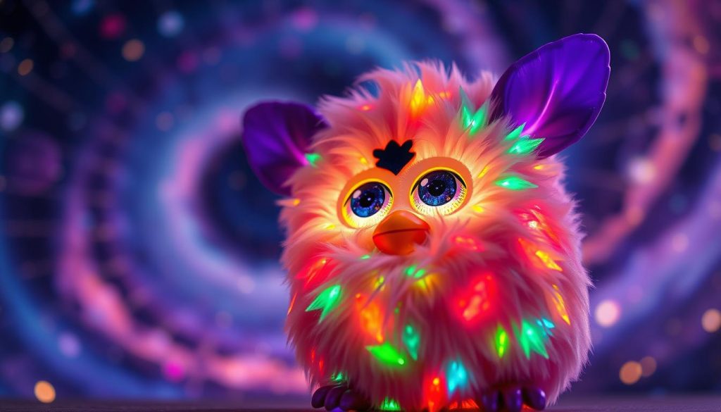 A vibrant, glowing Furby Galaxy Edition toy with interactive features that captivate. In the foreground, the Furby's expressive eyes and animated movements, its plush, iridescent fur glistening under mesmerizing celestial lighting. In the middle ground, the Furby's responsive sensors and touch-activated body parts, enabling playful interactions. In the background, a swirling galaxy backdrop, stars twinkling and nebulae pulsing, evoking a sense of wonder and cosmic exploration. Crisp, high-resolution detail, a soft, warm color palette, and a shallow depth of field to focus attention on the Furby's enchanting, otherworldly presence.