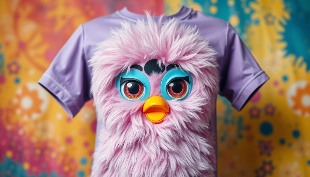 A vibrant, high-quality Furby shirt featuring a playful, cartoonish Furby character against a colorful, textured background. The Furby's large, expressive eyes and whimsical expression draw the viewer's attention, with its plush, fuzzy texture creating a tactile, inviting feel. The shirt is showcased in a flattering, well-fitted manner, with the design prominently displayed. Soft, diffused lighting highlights the Furby's details and the shirt's material, creating a warm, cheerful atmosphere. The image is captured at a slight, eye-level angle, allowing the viewer to engage with the Furby and imagine wearing the unique, conversation-starting garment.
