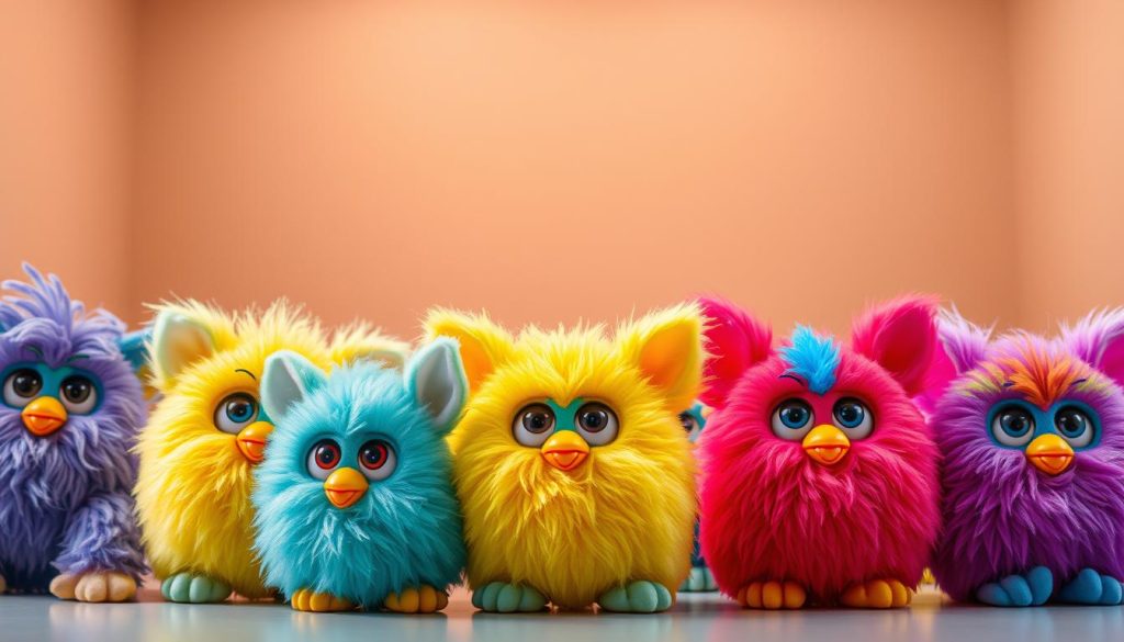 A vibrant, highly detailed image of a collection of rare and sought-after Furby figures in a rainbow of colors. The Furbies are arranged in the foreground, captured with a shallow depth of field that draws the eye to their intricate features and unique expressions. The middle ground features a clean, minimalist backdrop, allowing the collectibles to take center stage. Soft, warm lighting from above creates a sense of depth and dimension, casting gentle shadows that accentuate the textures and shapes of the Furbies. The overall mood is one of excitement and wonder, conveying the special nature and collectibility of these coveted Furby Rainbow variants.