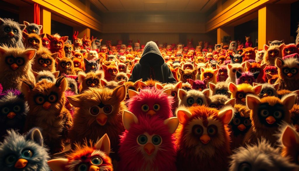 A vibrant, historical tableau depicting the evolution of the iconic Furby toy. In the foreground, a chaotic display of original Furby models from the 1990s, each with its distinct fur, eyes, and distinctive electronic chatter. In the middle ground, a horde of Furbies from the 2000s and 2010s, showcasing the toy's design iterations and technological advancements. In the distant background, a shadowy, ominous figure emerges, hinting at the sinister urban legends and paranormal associations that have surrounded the Furby over the decades. The scene is illuminated by a warm, golden light, casting a nostalgic glow over the entire composition. Captured with a wide-angle lens, the image conveys a sense of breadth and depth, inviting the viewer to immerse themselves in the whimsical yet unsettling history of this beloved, yet often misunderstood, toy.