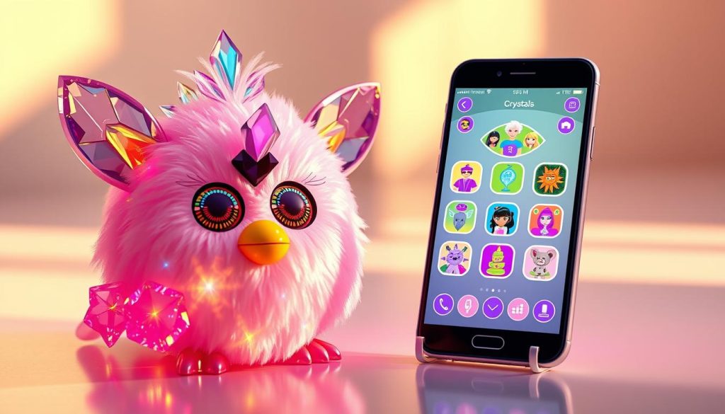 A vibrant, hyperrealistic image of the Furby Boom Crystal app seamlessly integrated with the Furby Boom Crystal toy. The Furby Boom Crystal toy is prominently featured, its colorful and intricate crystal-like exterior glistening under warm, natural lighting. The app's user interface is displayed on a sleek, high-resolution smartphone screen, showcasing the app's various interactive features and functions. The scene is set against a clean, minimalist background, allowing the Furby Boom Crystal and its digital counterpart to take center stage. The overall composition conveys a sense of harmony and cohesion between the physical and digital realms, highlighting the seamless integration between the Furby Boom Crystal and its accompanying app.