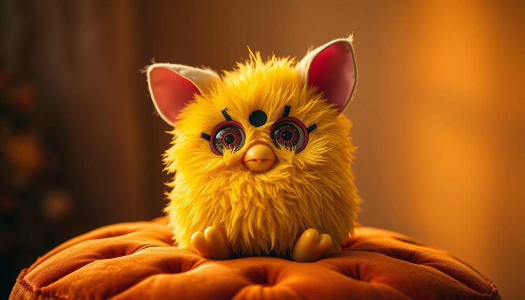 A vibrant yellow Furby doll sitting on a plush, jewel-toned velvet cushion. The Furby's large expressive eyes and fuzzy, textured fur are captured in crisp detail, bathed in warm, golden lighting that creates a cozy, autumnal atmosphere. The doll is positioned against a soft, out-of-focus background, suggesting a sense of enchantment and whimsy, perfect for a Halloween costume inspiration. Photographed with a shallow depth of field, drawing the viewer's attention to the captivating Furby and its alluring, tactile qualities.