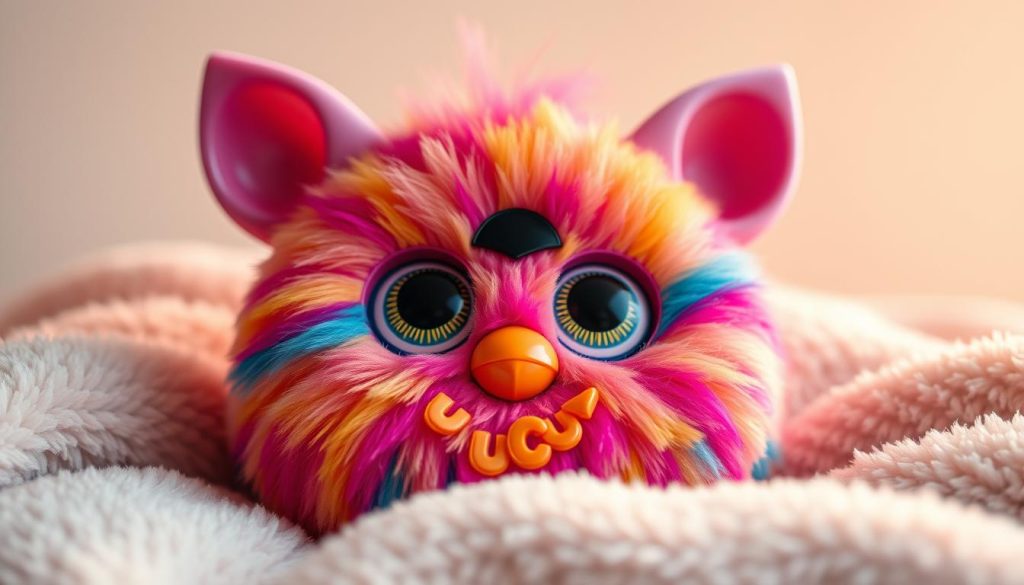 A vibrantly colored Furby Connect figure resting on a soft, plush surface. The Furby's large, expressive eyes gaze directly at the viewer, capturing its endearing and curious personality. Detailed textures adorn its plush fur, with intricate patterns and hues that bring it to life. The Furby's iconic triangular ears are prominently displayed, suggesting its iconic silhouette. Soft, diffused lighting casts a warm, comforting glow, creating a cozy and inviting atmosphere. The Furby is the central focus, with a clean, uncluttered background that allows it to stand out and command attention.