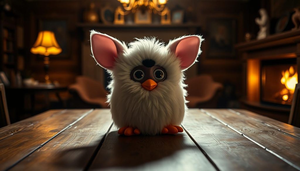 A vintage 1998 Furby toy sitting on a wooden table, bathed in soft, warm lighting. The Furby's plush, white fur appears meticulously groomed, its large, expressive eyes conveying a sense of whimsical charm. The table is adorned with a subtle, weathered texture, hinting at the passage of time. The background is a cozy, dimly lit room, with hints of antique furnishings and the faint glow of a fireplace, creating a nostalgic, inviting atmosphere. The overall composition and lighting evoke a sense of timeless wonder, capturing the essence of the original Furby from 1998.