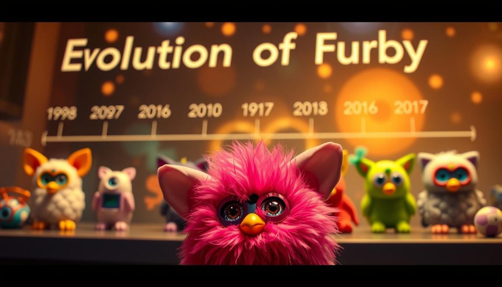A visually captivating display of the evolution of interactive toys, showcasing the progression from the classic Furby in 1998 to the updated Furby 2010 model. The foreground features the Furby 2010, its vibrant fur and expressive eyes capturing the attention. In the middle ground, a timeline unfolds, with earlier Furby models and other iconic interactive toys like Tamagotchi and Zhu Zhu Pets, all rendered in vivid detail. The background is a softly blurred, dream-like environment, with hints of technological advancements and the changing landscape of toy design over the years. Warm lighting and a nostalgic color palette evoke a sense of wonder and nostalgia, capturing the essence of the "Evolution of Furby" narrative.