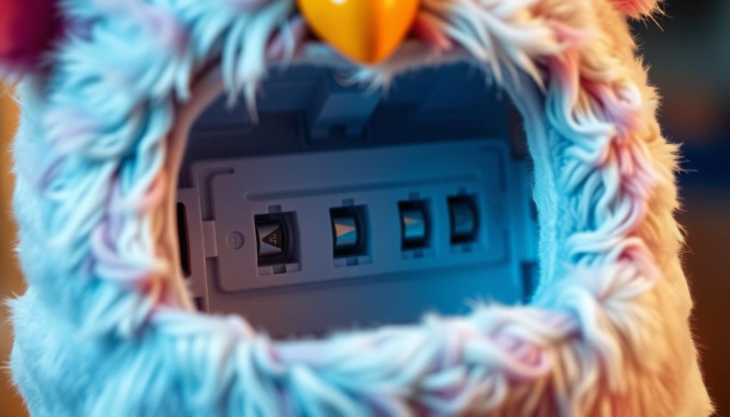 A well-lit close-up photograph of the interior battery compartment of a Furby 2012 plush toy. The compartment is open, revealing the battery slots and contacts. The image is focused on the compartment with a shallow depth of field, allowing the background to be softly blurred. The lighting is bright and even, capturing the small details of the battery housing. The image is shot from a slightly elevated angle, providing a clear view of the compartment's structure and design. The overall mood is one of technical clarity, inviting the viewer to understand the inner workings of the Furby 2012.
