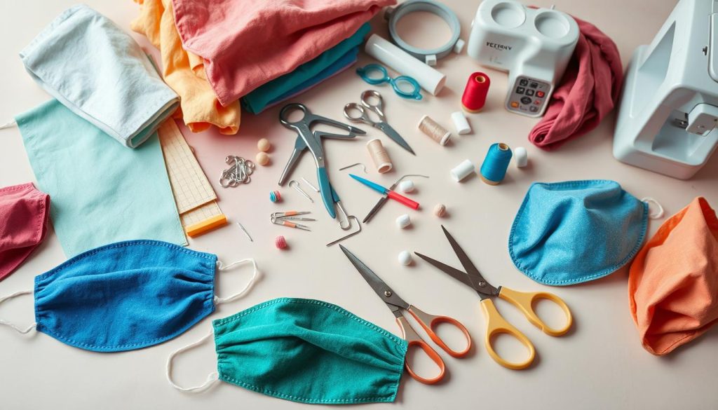 A well-lit, close-up studio shot of an arrangement of various materials and tools used for crafting masks, including colorful fabrics, foam sheets, scissors, needles, thread, sewing machine, and other sewing supplies. The items are neatly organized on a clean, neutral-colored surface, with a soft, even lighting that highlights the textures and details of the objects. The overall mood is one of focus, creativity, and preparation, conveying a sense of the care and attention required for this craft project.