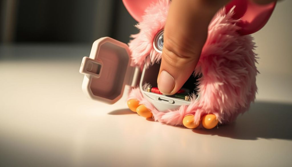 A well-lit, close-up view of a Furby toy being reset. The Furby is placed on a clean, white surface, with its battery compartment open, revealing the internal components. The foreground is focused on the Furby's reset button, which the user's finger is gently pressing. The background is blurred, creating a sense of depth and emphasizing the reset process. The lighting is soft and diffused, creating subtle shadows and highlights that accentuate the texture and details of the Furby's plush exterior. The overall mood is one of precision and concentration, as if the viewer is guiding the viewer through the delicate reset procedure.